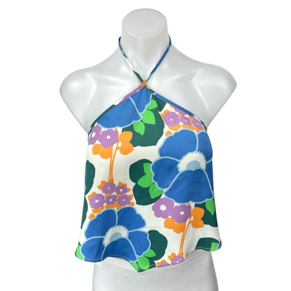 Zara Multicolor Halter Sleeveless Tie Back Floral Tropical Crop Top Size M